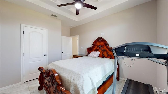 bedroom with visible vents, marble finish floor, baseboards, and a ceiling fan