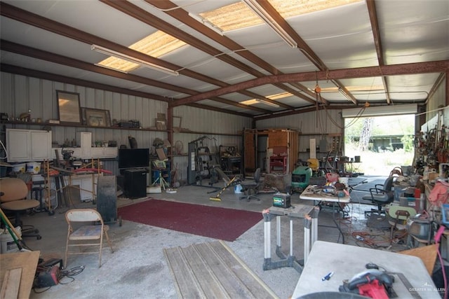 garage with a workshop area