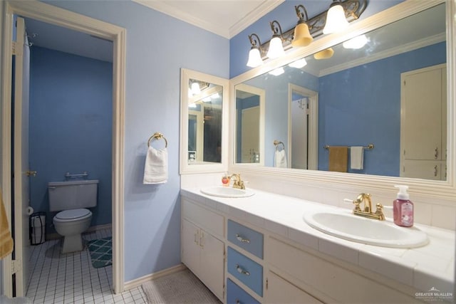 bathroom featuring tile patterned flooring, vanity, toilet, and crown molding