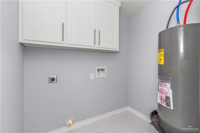 clothes washing area with electric dryer hookup, electric water heater, cabinets, and washer hookup