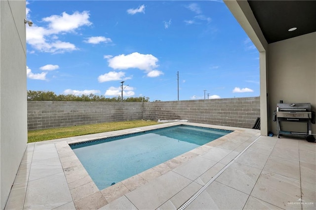 view of swimming pool with a grill and a patio