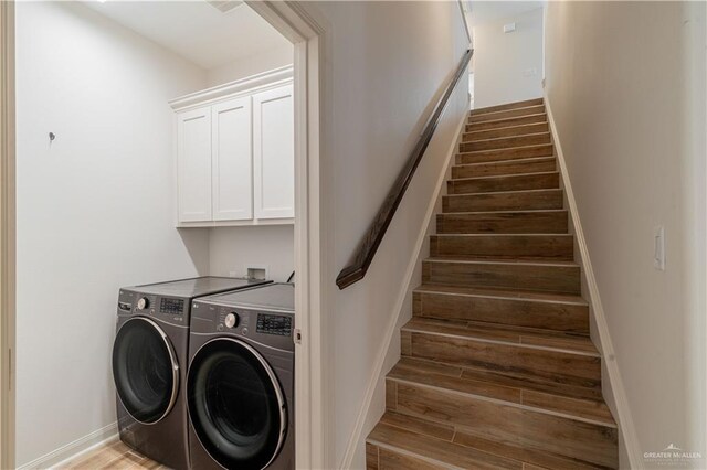 14451 Chalk Ridge Dr, Mcallen, TX 78504 - stairs with washing machine and clothes dryer and wood finished floors