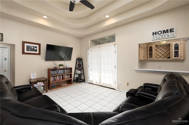 6800 N 35th St, Mcallen, TX 78504 - living room featuring light tile patterned floors, baseboards, ceiling fan, and recessed lighting