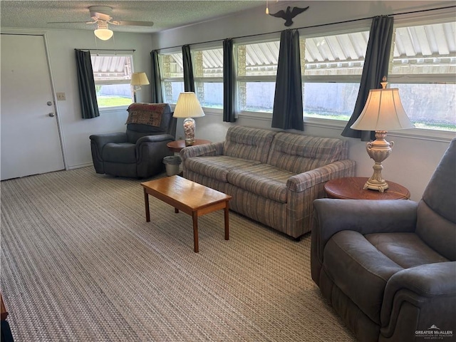 911 Santa Anna Dr, Alamo, TX 78516 - living room with light carpet, a ceiling fan, and a textured ceiling