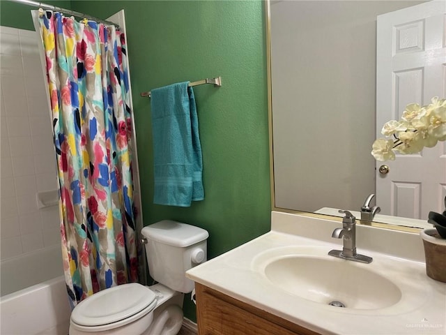 full bathroom with vanity, toilet, and shower / bathtub combination with curtain