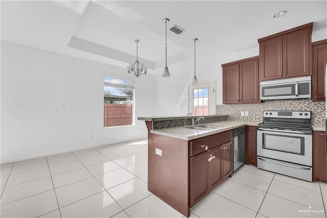 kitchen featuring kitchen peninsula, appliances with stainless steel finishes, a healthy amount of sunlight, and sink