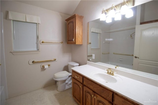 1717 Edward Dr, Edinburg, TX 78539 - bathroom with shower / bath combination, vanity, toilet, baseboards, and lofted ceiling