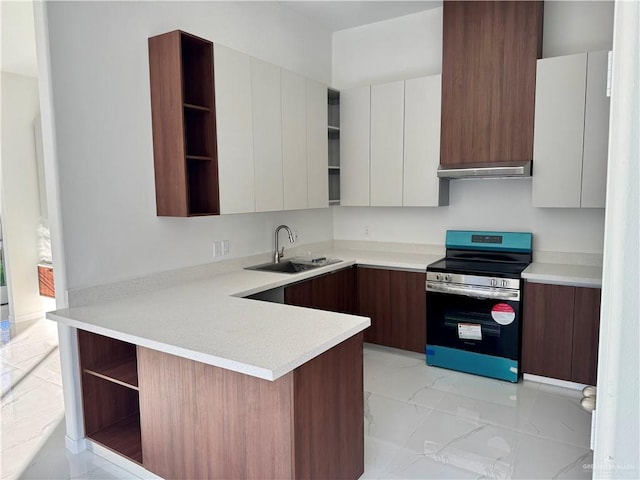 kitchen featuring electric stove, sink, white cabinetry, kitchen peninsula, and wall chimney exhaust hood