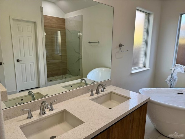 bathroom with vanity and separate shower and tub