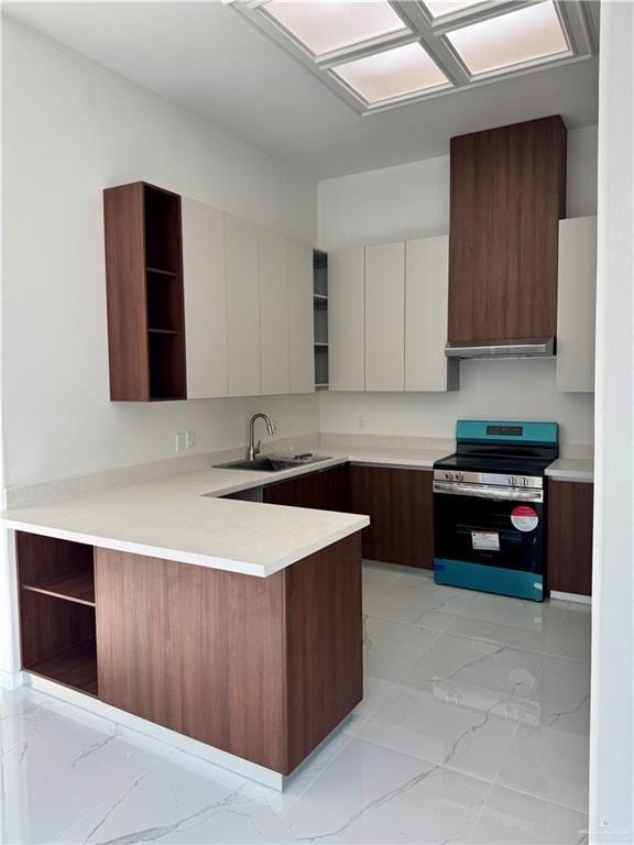 kitchen featuring white cabinetry, sink, stainless steel electric stove, and kitchen peninsula