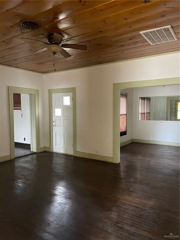 interior space featuring dark hardwood / wood-style floors, ceiling fan, and wood ceiling