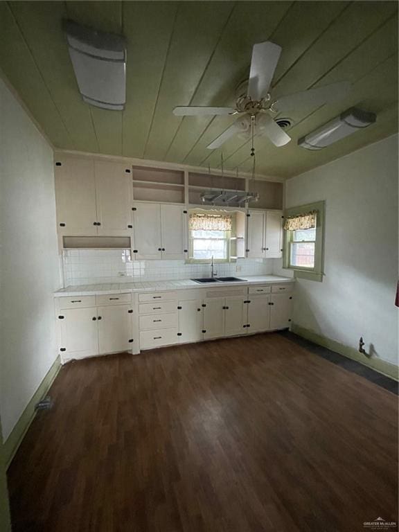 kitchen with white cabinets, sink, a wealth of natural light, and dark wood-type flooring