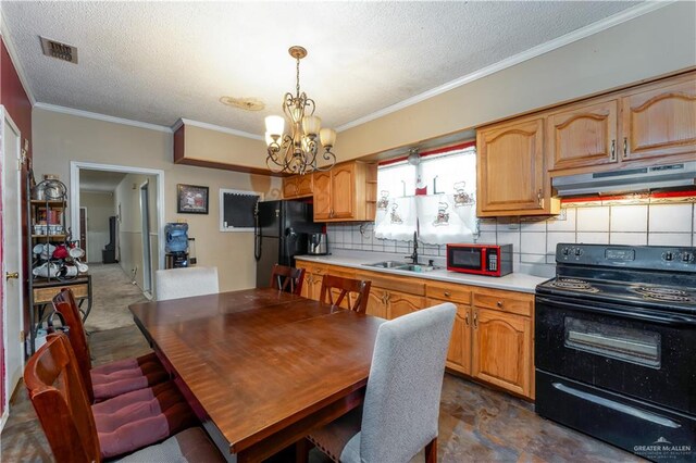 kitchen with backsplash, a chandelier, decorative light fixtures, black appliances, and ornamental molding