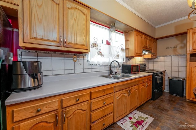 kitchen with decorative backsplash, a textured ceiling, crown molding, sink, and black appliances