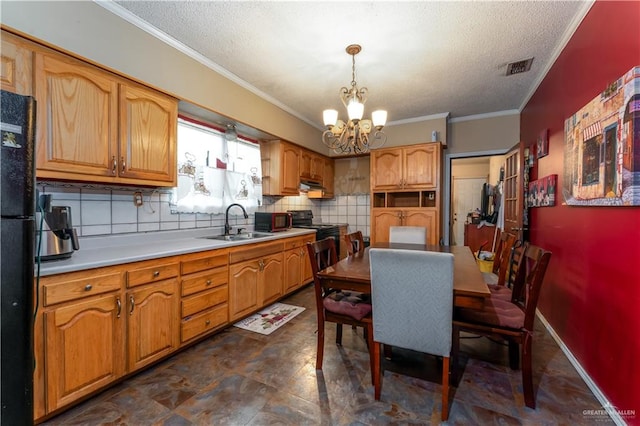 kitchen with backsplash, ornamental molding, sink, a chandelier, and hanging light fixtures