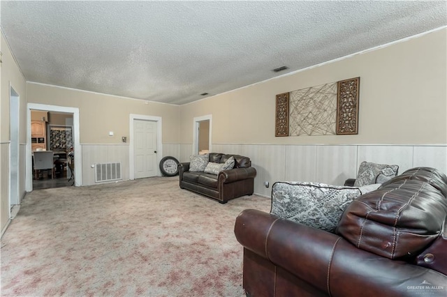 carpeted living room with a textured ceiling