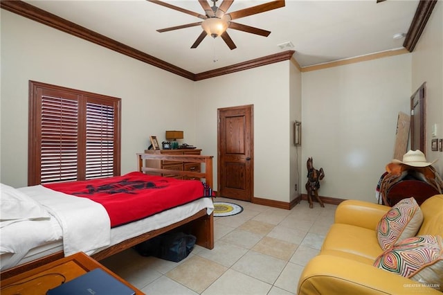 bedroom with ceiling fan and crown molding