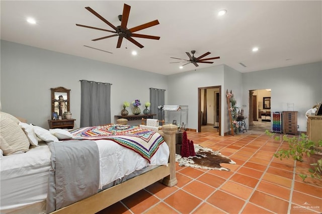 tiled bedroom with ceiling fan