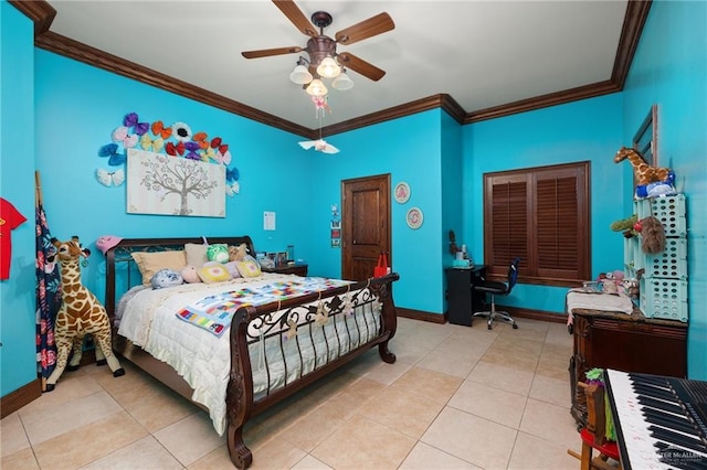 bedroom featuring ceiling fan, crown molding, and light tile patterned floors