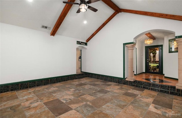 unfurnished room featuring beamed ceiling, ceiling fan, and high vaulted ceiling