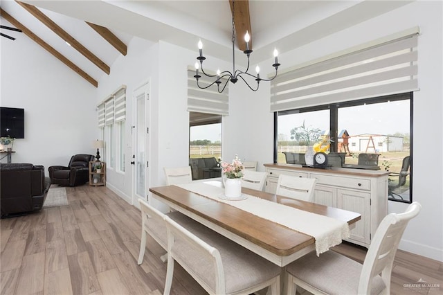 dining room with a chandelier, high vaulted ceiling, baseboards, light wood-type flooring, and beamed ceiling