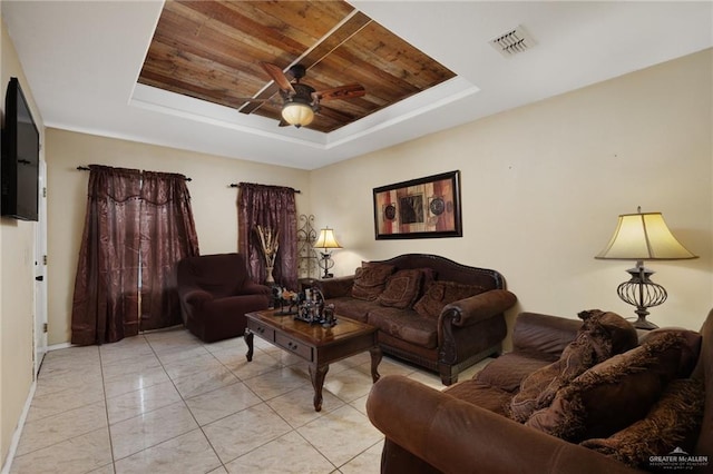 living room with ceiling fan, a raised ceiling, baseboards, wooden ceiling, and visible vents