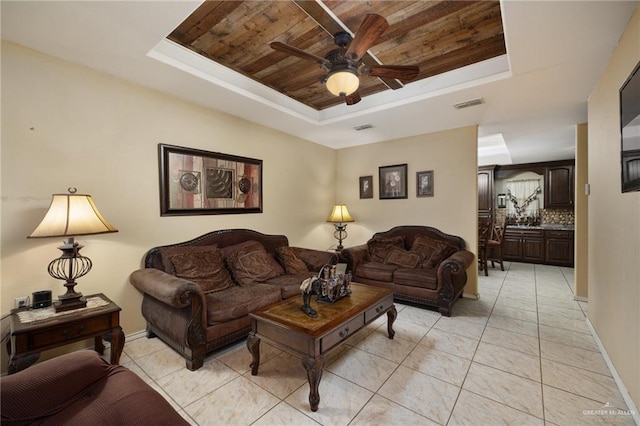 living area with visible vents, ceiling fan, a tray ceiling, and wooden ceiling