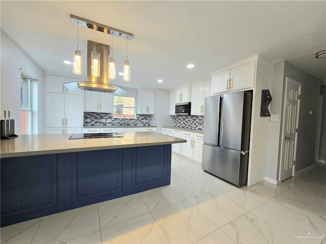 kitchen with white cabinetry, appliances with stainless steel finishes, island exhaust hood, and backsplash