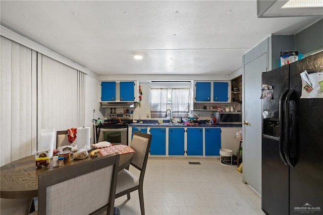 kitchen with sink, blue cabinetry, and appliances with stainless steel finishes