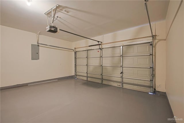 garage with electric panel and a garage door opener