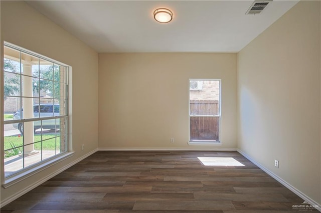 spare room featuring plenty of natural light and dark hardwood / wood-style floors