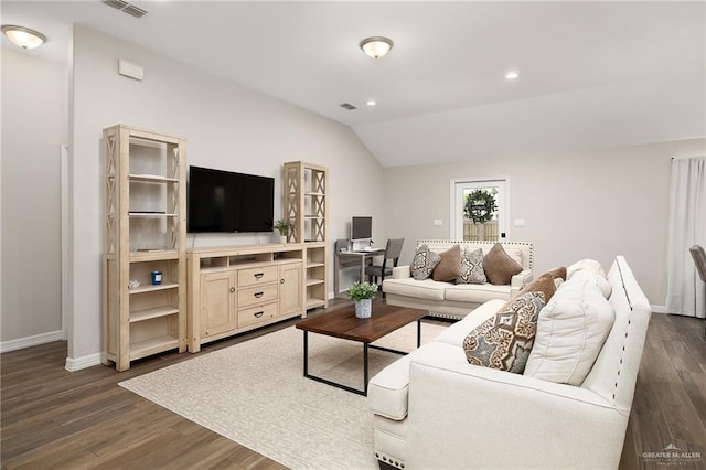 7719 N 39th Ln, Mcallen, TX 78504 - living room featuring dark wood-style flooring, baseboards, lofted ceiling, and recessed lighting