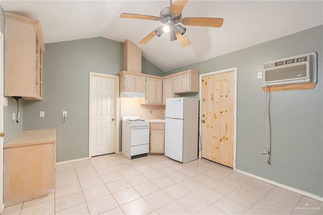 kitchen featuring lofted ceiling, white appliances, ceiling fan, light brown cabinets, and a wall unit AC