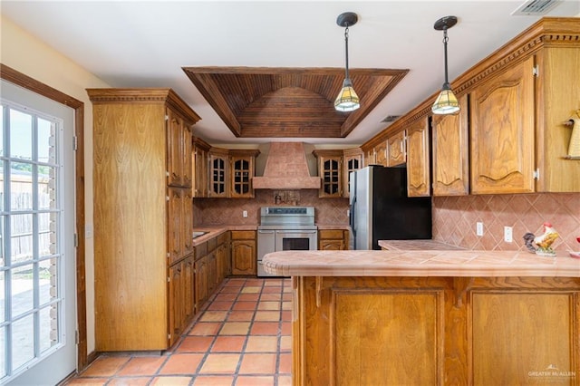 kitchen featuring premium range hood, a raised ceiling, decorative backsplash, kitchen peninsula, and stainless steel appliances