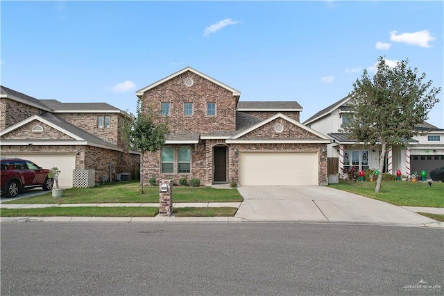 view of front of home with a garage, central air condition unit, and a front lawn