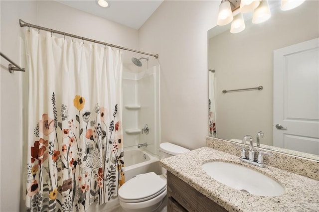 full bathroom featuring vanity, toilet, and shower / bathtub combination with curtain