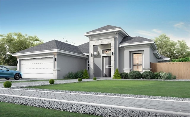 3705 E Santorini Dr, Edinburg, TX 78542 - prairie-style house featuring stucco siding, driveway, a front lawn, fence, and an attached garage