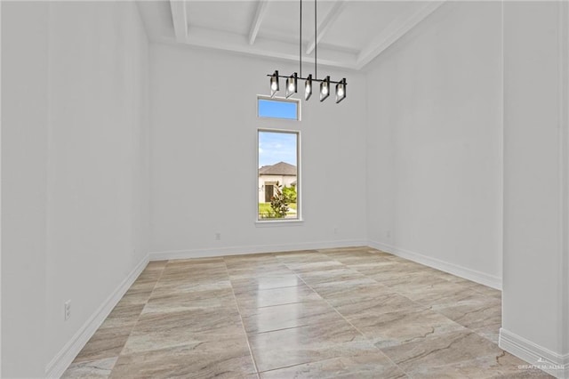 unfurnished dining area with beam ceiling and a notable chandelier