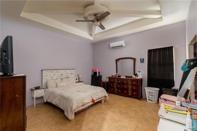 bedroom featuring a raised ceiling, ceiling fan, and a wall unit AC