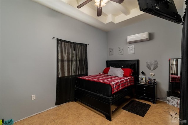 tiled bedroom featuring a tray ceiling, an AC wall unit, and ceiling fan