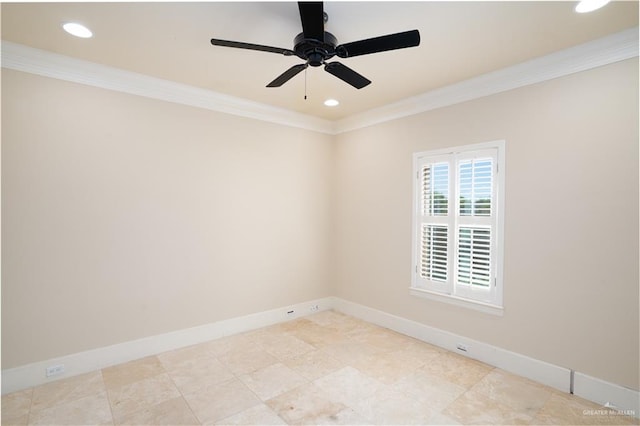 empty room with ceiling fan and ornamental molding