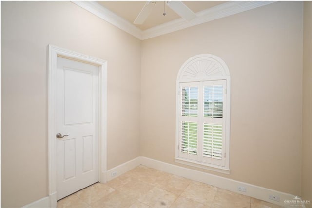 unfurnished room with ceiling fan, light tile patterned floors, and ornamental molding