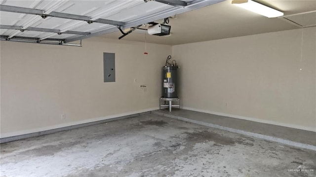 garage with a garage door opener, water heater, and electric panel