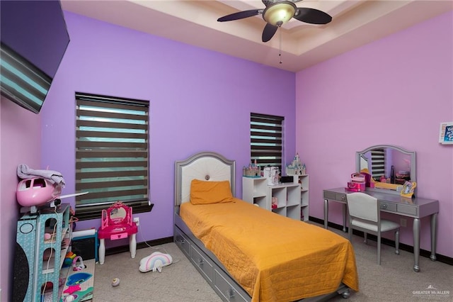 bedroom featuring ceiling fan and carpet floors