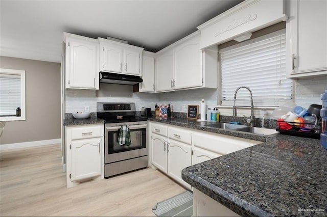 kitchen featuring stainless steel range with electric cooktop, white cabinetry, and sink