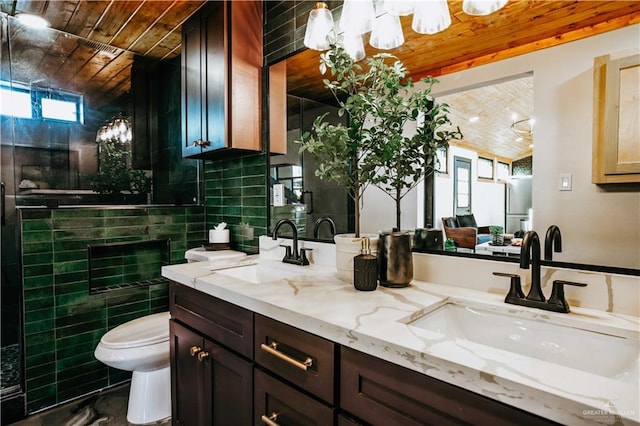 420 N Mayberry Rd, Alton, TX 78573 - bathroom featuring double vanity, wood ceiling, a shower stall, and a chandelier