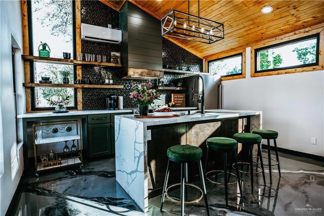 420 N Mayberry Rd, Alton, TX 78573 - indoor bar featuring wood ceiling, a wall unit AC, pendant lighting, and high vaulted ceiling