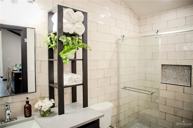 420 N Mayberry Rd, Alton, TX 78573 - bathroom with vanity, a shower stall, and lofted ceiling