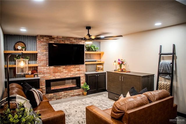 420 N Mayberry Rd, Alton, TX 78573 - tiled living area featuring a ceiling fan, a fireplace, and recessed lighting