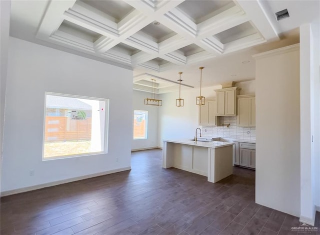 kitchen featuring coffered ceiling, a center island with sink, pendant lighting, sink, and backsplash